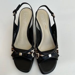 NWOT FRANCO SARTO Upper Leather Calf/Cheetah L-SONATA Cream/Black Sandal Size 9M